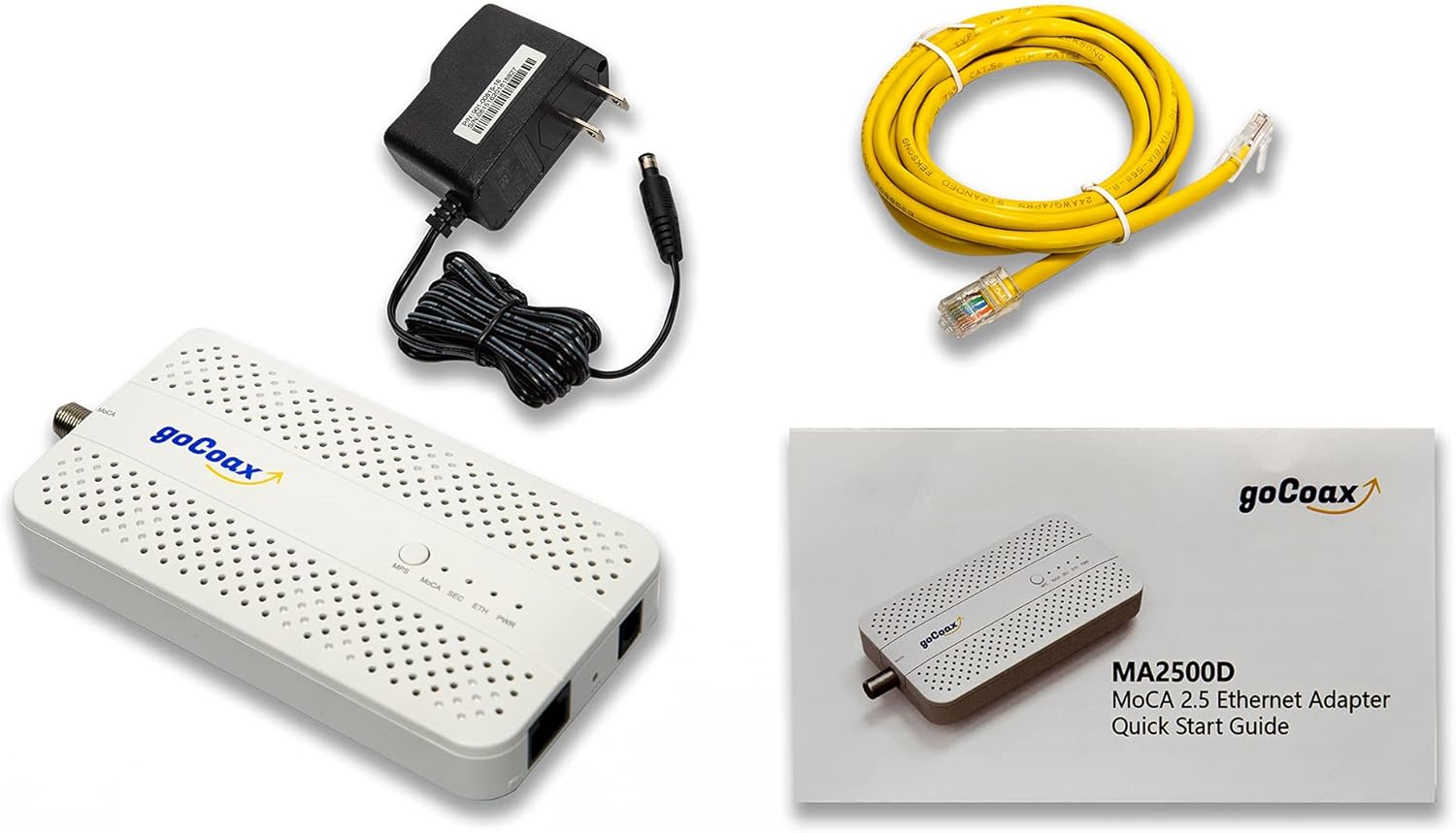 goCoax MoCA 2.5 Adapter with 2.5GbE Ethernet Port. MoCA 2.5. 1x 2.5GbE Port. Provide 2.5Gbps Bandwidth with existing coaxial Cables. White(Single, MA2500D)