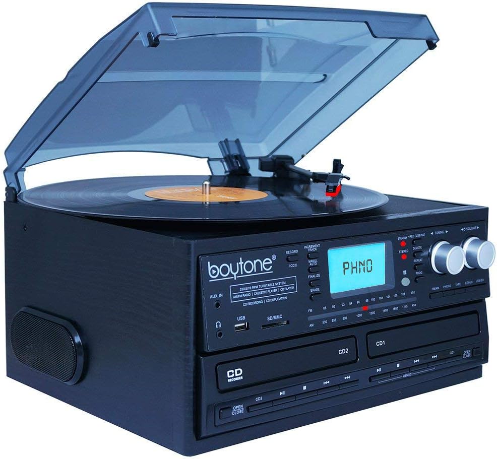 Boytone BT-29B, Bluetooth Dual CD Player, Recorder CD2 to CD1, AM/FM Radio Turntable Record Player 2 Built-in Stereo Speakers, Cassette Player, SD Slot, USB, AUX, Headphone Jack, Limited Edition