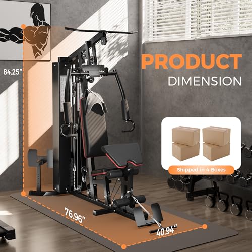 Multifunctional Home Gym Equipment, Workout Station with 150LBS Weight Stack, Full Body Workout Equipment with Pulley System, All in One Workout Machine with Leg Press