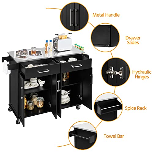 Yaheetech Kitchen Island Cart with Storage & Stainless Steel Countertop, Portable Kitchen Island on Wheels with Cabinet & Adjustable Shelves & 2 Drawers, Rolling Island Table for Kitchen, White