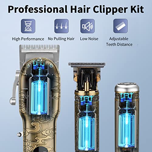 Professional Hair Clippers for Men,Hair Clippers+T-Blade Trimmer+Electric Shaver+Nose Hair Trimmer Set,4 in 1 Cordless Barber Hair Cutting Kit LCD Display Gifts (Gray)