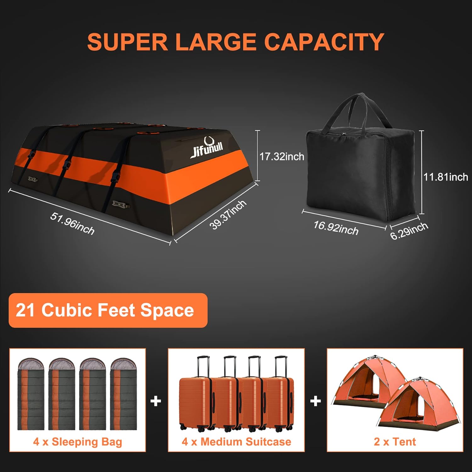 Jifunull Rooftop Cargo Carrier Bag 21 Cubic Feet, Waterproof Soft-Shell Roof Rack Cargo Carrier, 1000D PVC Anti-Tear Car Roof Bag for Vehicle with/Without Racks, Includes 7 Door Hooks, Anti-Slip Mat
