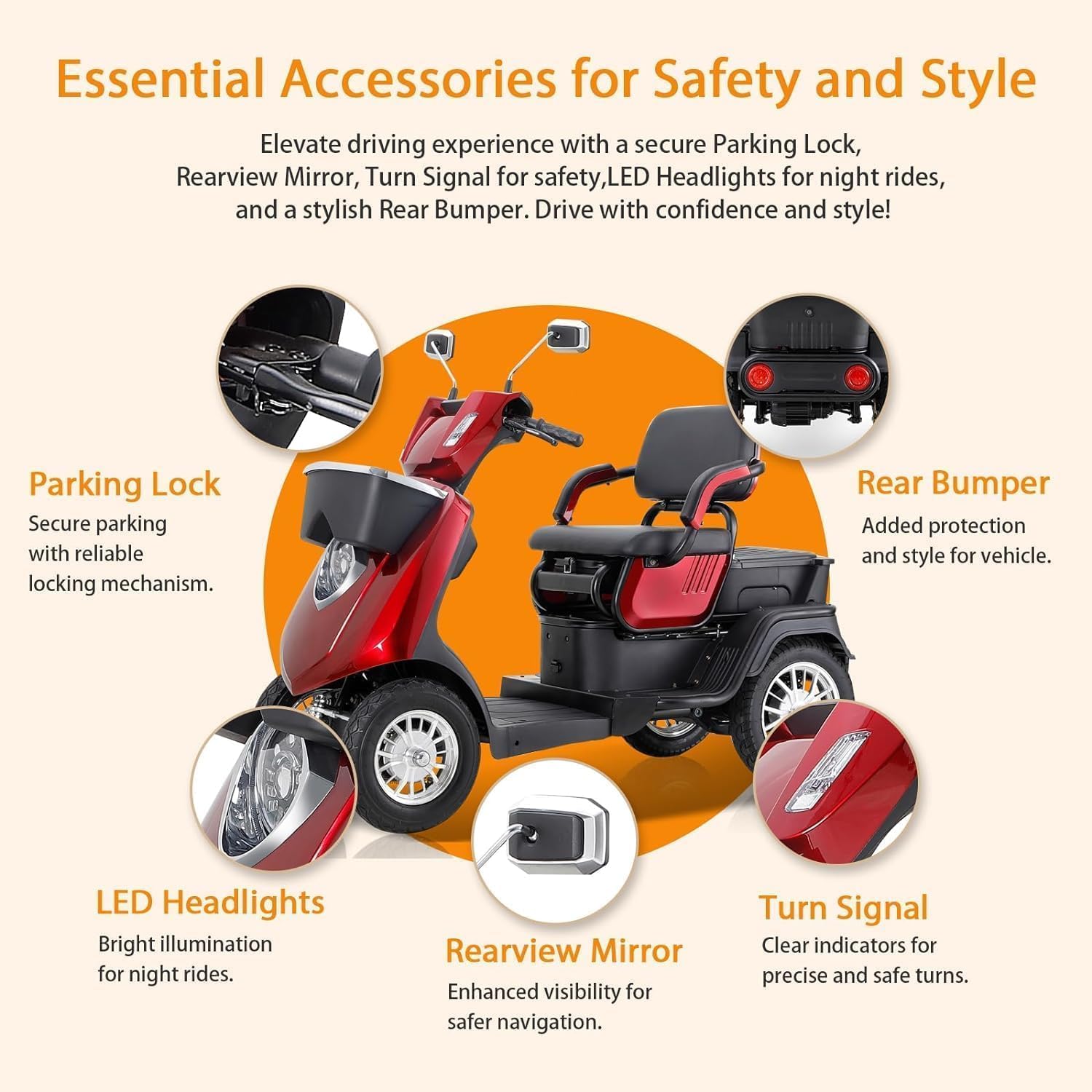 3 Speed Control 1000W 2 Seater Mobility Scooters with Bluetooth Speaker & 500lbs Weight Capacity, 36-Mile Range, Mobility Scooters at 15 MPH for Adults & Seniors, Red