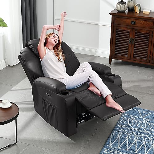 Power Recliner Chair with Heat and Massage, PU Leather Home Theater Seating w/LED Lights/Cup Holders/Side Pocket/USB Port, Lazy Boy Reclining Sofa Chair for Living Room (2, Brown)