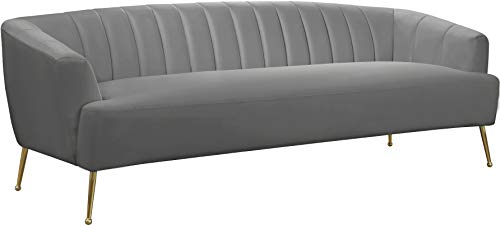 Meridian Furniture Tori Collection Modern | Contemporary Velvet Upholstered Sofa with Deep Channel Tufting and Ball Designed Custom Gold Legs, 84.50" W x 31.5" D x 29.75" H, Grey