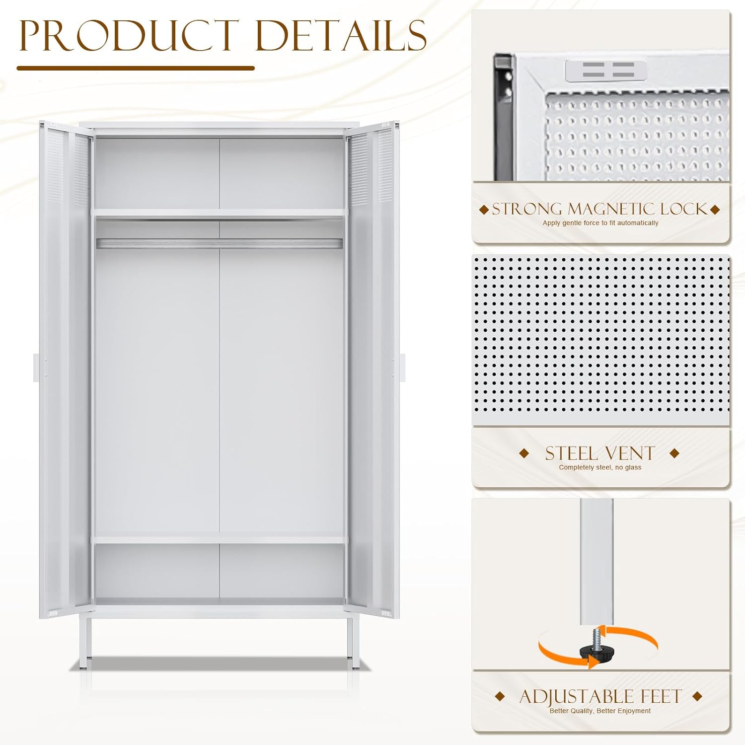 Steel Wardrobe - Metal Storage Cabinet with Adjustable Shelf & Removable Hanging Rods - Metal Organiser with Breathable mesh for bedrooms, bathrooms and Offices
