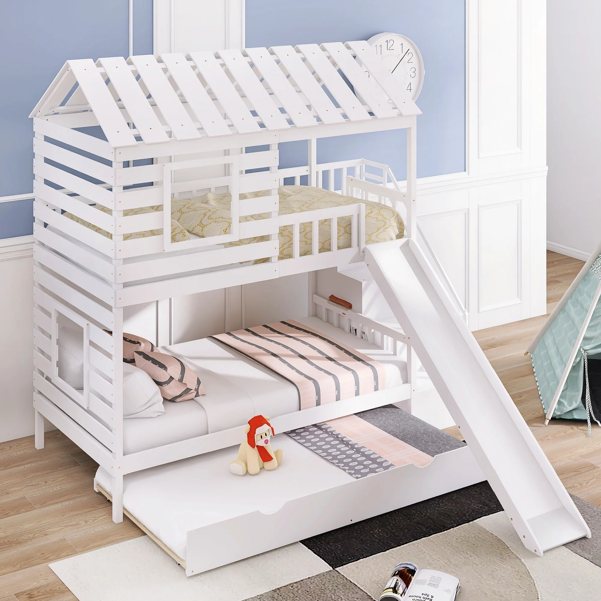 Stairway House Bed Solid Wood Twin over Twin Bunk Bed with Trundle and Slide, Storage Staircase, Roof and Window Design for Toddler Kids Teens
