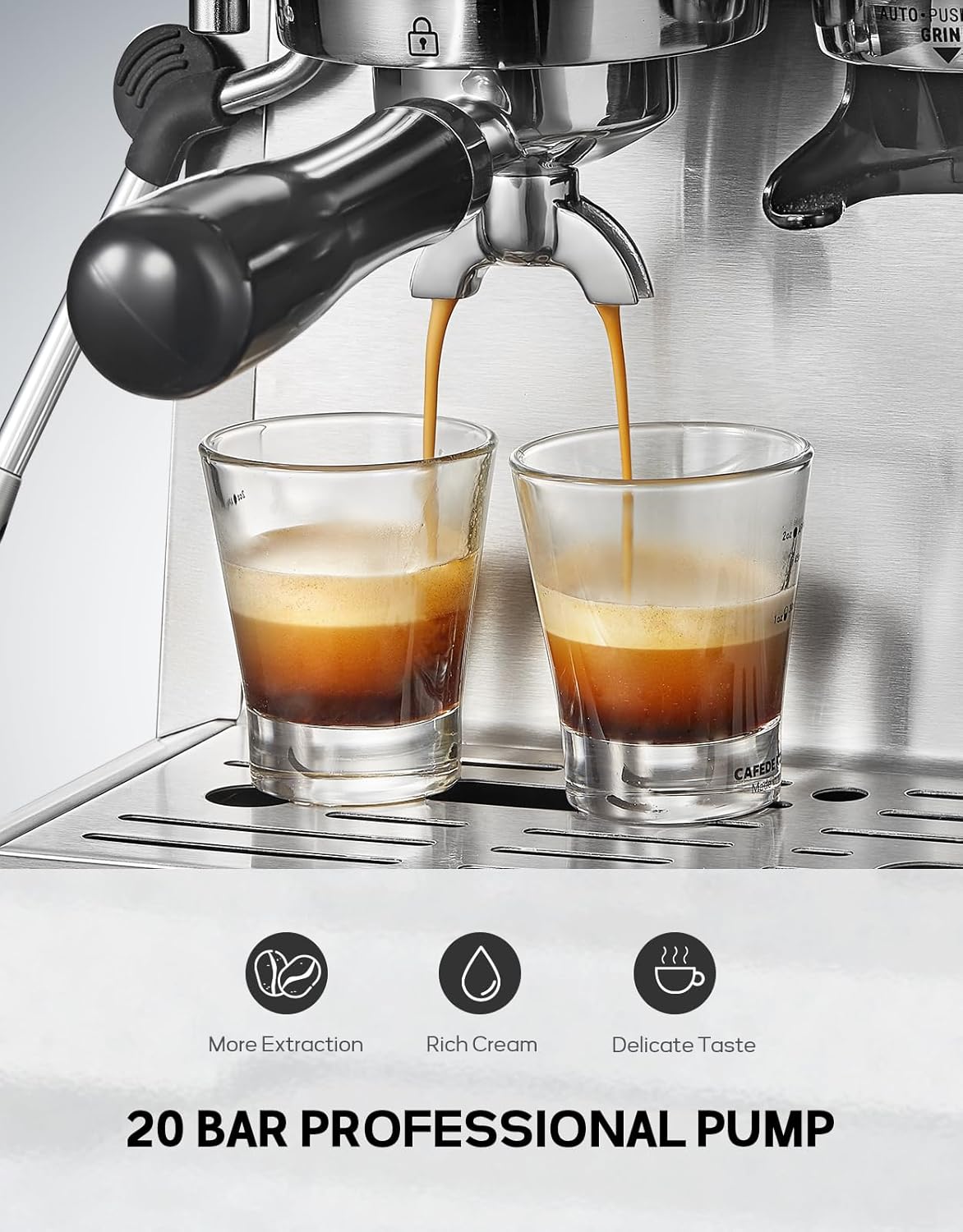 Espresso Coffee Maker With Grinder, 20 Bar Semi-Automatic Espresso Machine With Milk Frother Steam Wand, Professional Cappuccino Latte Machine For Home, Office, Brushed Stainless Steel