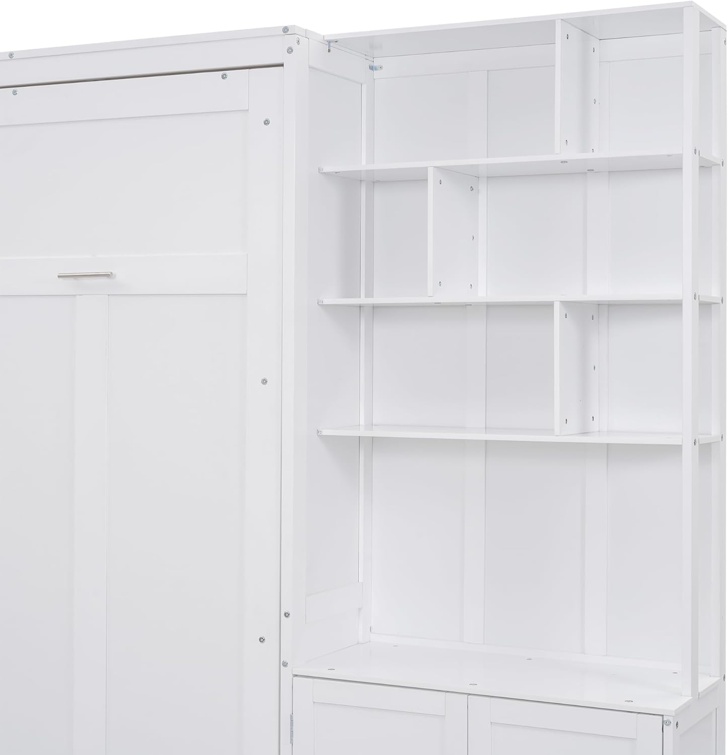 Full Size Murphy Bed with Tall Storage Cabinet & Shelves, Modern Cube Folding Bedframe with Wooden Slat Supports, Space-Saving Design, Ider for Bedroom, Guest Room, Apartment, white