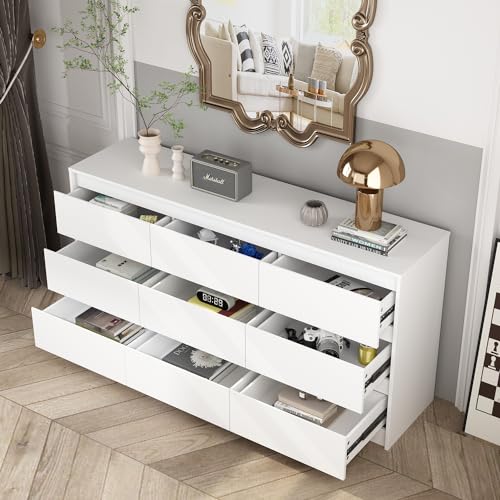 Hitow 9 Drawer Dresser for Bedroom with Deep Drawers, Large Floor Wood Dressers & Chest of Drawers Handle Free, Modern Black Long Dressers for Closet Living Room, Euro Slide (63"W x 15.7"D x 31.5"H)
