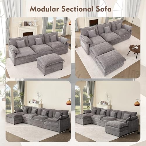 108" U Shaped Couch, Modular Sectional Sofa, 3-Seater Comfy Cloud Couch with Movable Ottoman, Deep Seat Couches for Living Room, Chenille, Black
