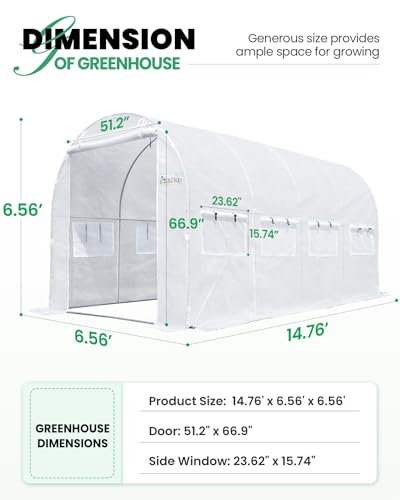 KING BIRD Upgraded 15x6.6x6.6FT Large Walk-in Greenhouse Heavy Duty Galvanized Steel Frame 2 Zippered Screen Doors 8 Screen Windows Tunnel Garden Plant Hot Green House 20 Stakes 4 Ropes 2 Gloves White