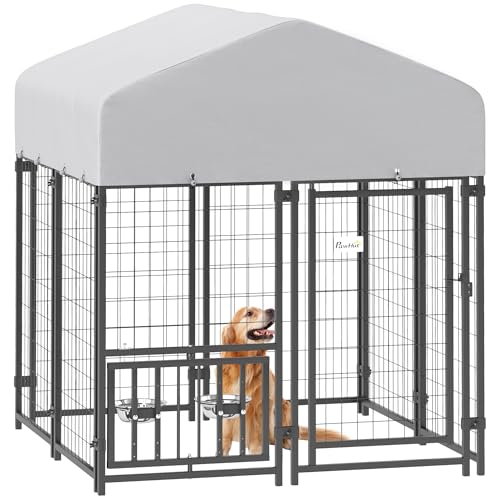 PawHut 4.6' x 4.6' x 5' Dog Kennel Outside, Welded Wire Outdoor Dog Kennel Run with Waterproof & UV Resistant Cover, for S&M Breeds, Chickens, Ducks, Black