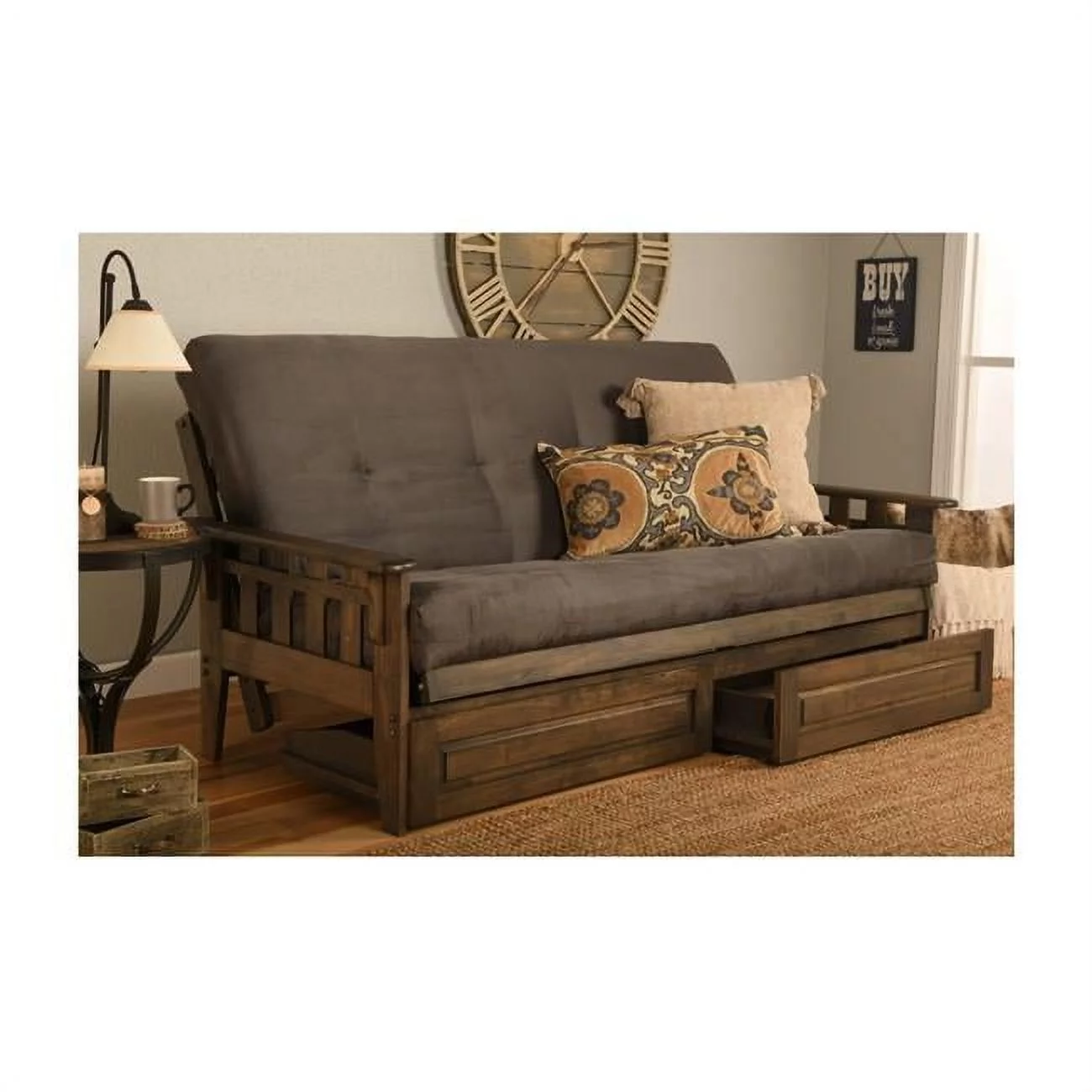 Kodiak Furniture Tucson Wood Futon Frame with Storage in Rustic Walnut Brown