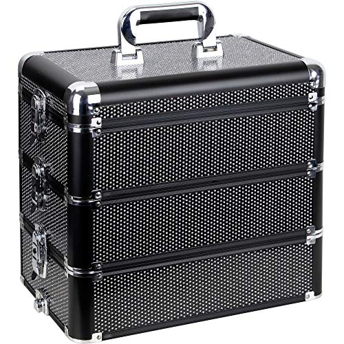 Sunrise 5-in-1 Pro Rolling Aluminum Cosmetic Makeup Artist Train Case Organizer Trays Drawers Extra Lid, Black Krystal