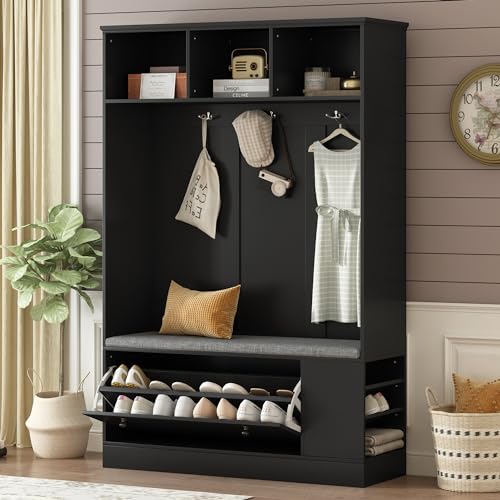 3-in-1 Design, Hall Tree with 6 Hooks, Hanger, Storage Bench, 39.4Inch Coat and Shoe Rack for Entrance, Hallway, Entryway, Living Room, 47.2'', White