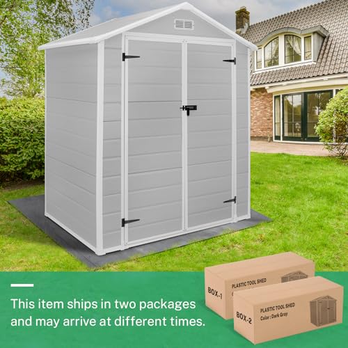 6x4.4FT Outdoor Resin Shed with Reinforced Floor, All-Weather Plastic Shed with Lockable Door, Window & Vents, Garden Tool Sheds & Outdoor Storage Clearance for Garden Patio Lawn (Gray)