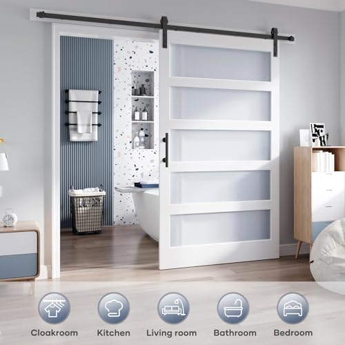 36x84 Inch Glass Sliding Barn Door Slab and 6.6ft Hardware Kit Included, 5 Frosted Glass, LVL Wood Panel Covered with White Water-Proof Scratch-Proof PVC Surface, Simple DIY Assembly