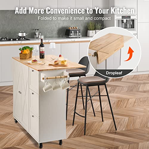 VEVOR Kitchen Island Cart with Solid Wood Top, 35.4" Width Mobile Carts with Storage Cabinet, Rolling Kitchen Table with Spice Rack, Towel Rack, and Drawer, Portable Islands on Wheels, White