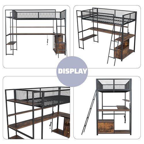 Full Size Loft Bed with Desk and Stairs,Metal Gaming Loft Bed Full with Wardrobe and Shelf, High Loft Bed with LED & USB Charging Station for Teens, Adults, Space Saving Design,Black