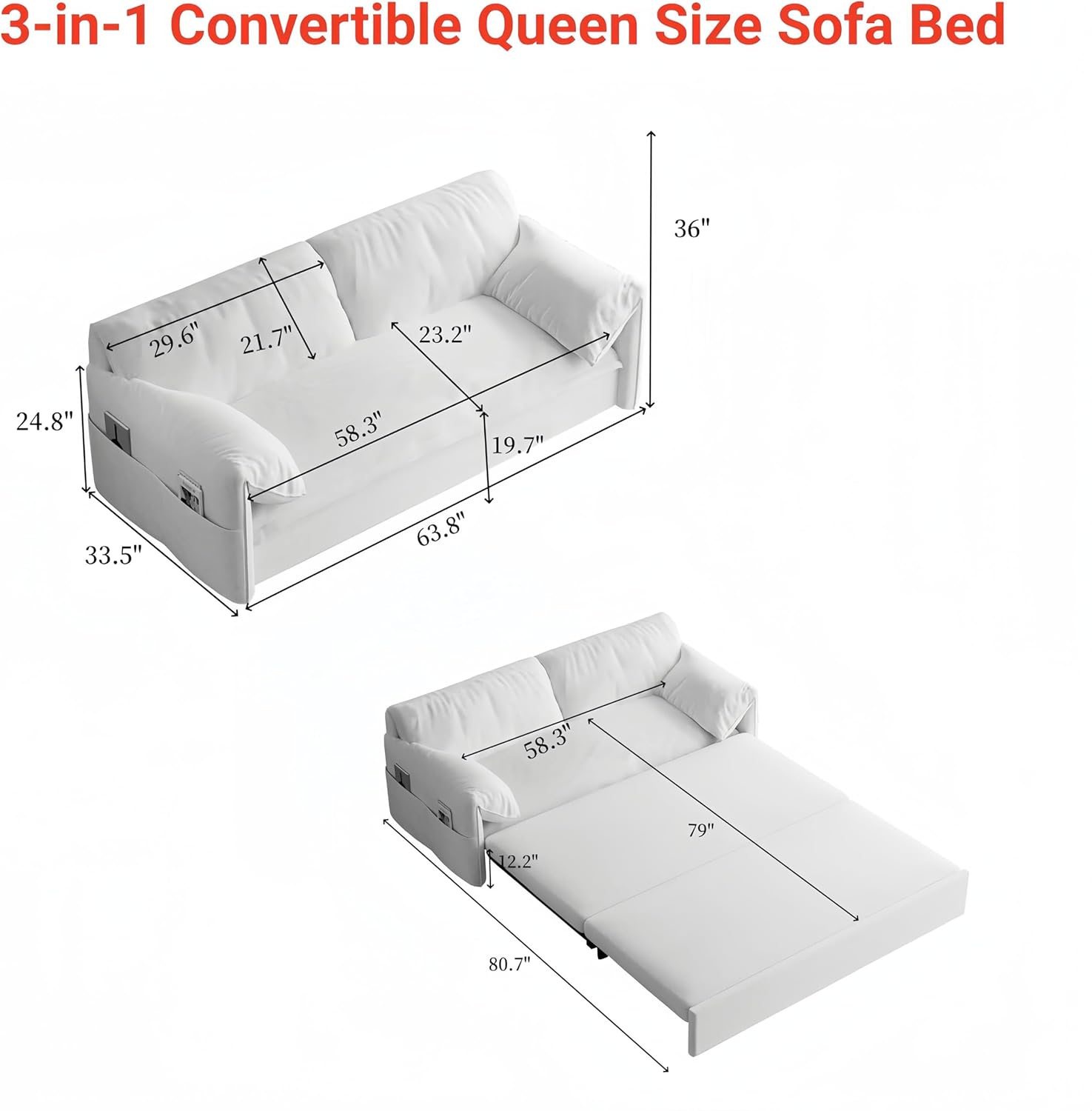 63.8" Futon Sofa Bed Queen Size, Pull Out Bed, 3-in-1 Convertible Sleeper Sofa with Side Pocket, Modern Velvet Futon Couch for Living Room, Small Space, Apartment, Bedroom, Beige