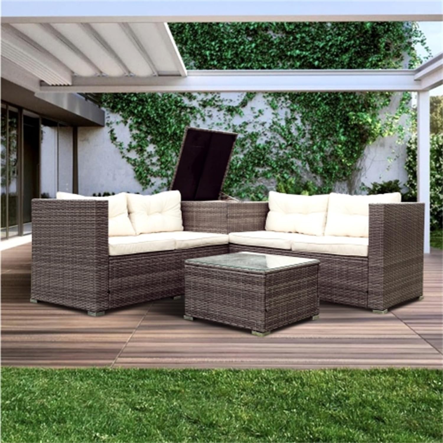 4 Piece Patio Sectional Wicker Rattan Outdoor Furniture Sofa Set with Storage Box - Grey Wicker Creme Cushion