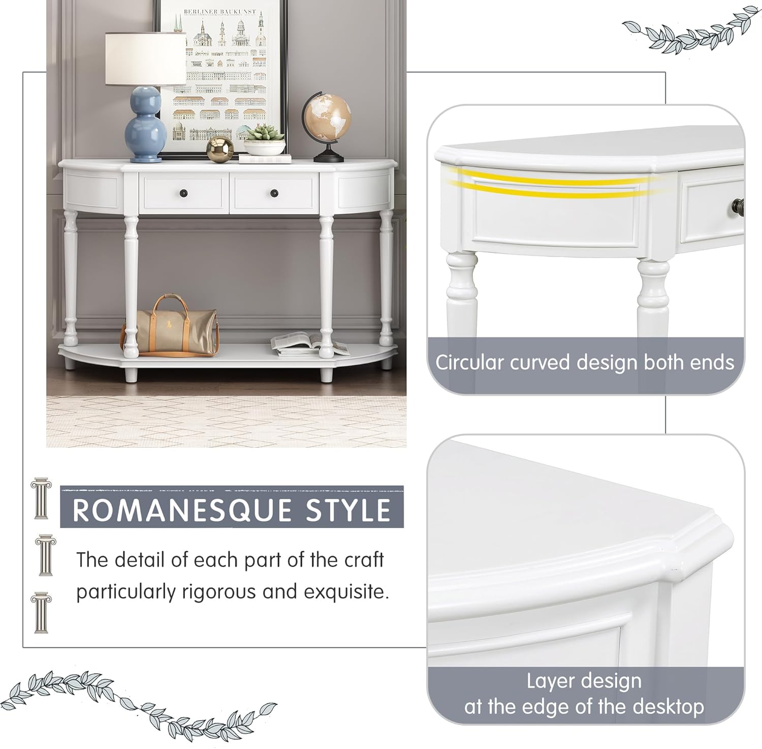 Storage Cabinet Retro Circular Curved Console Open Shelf and 2 Top Drawers, Half Moon Entry Solid Wooden Frame and Legs,Wood Sofa Tables, for Hallway, Living Room, White