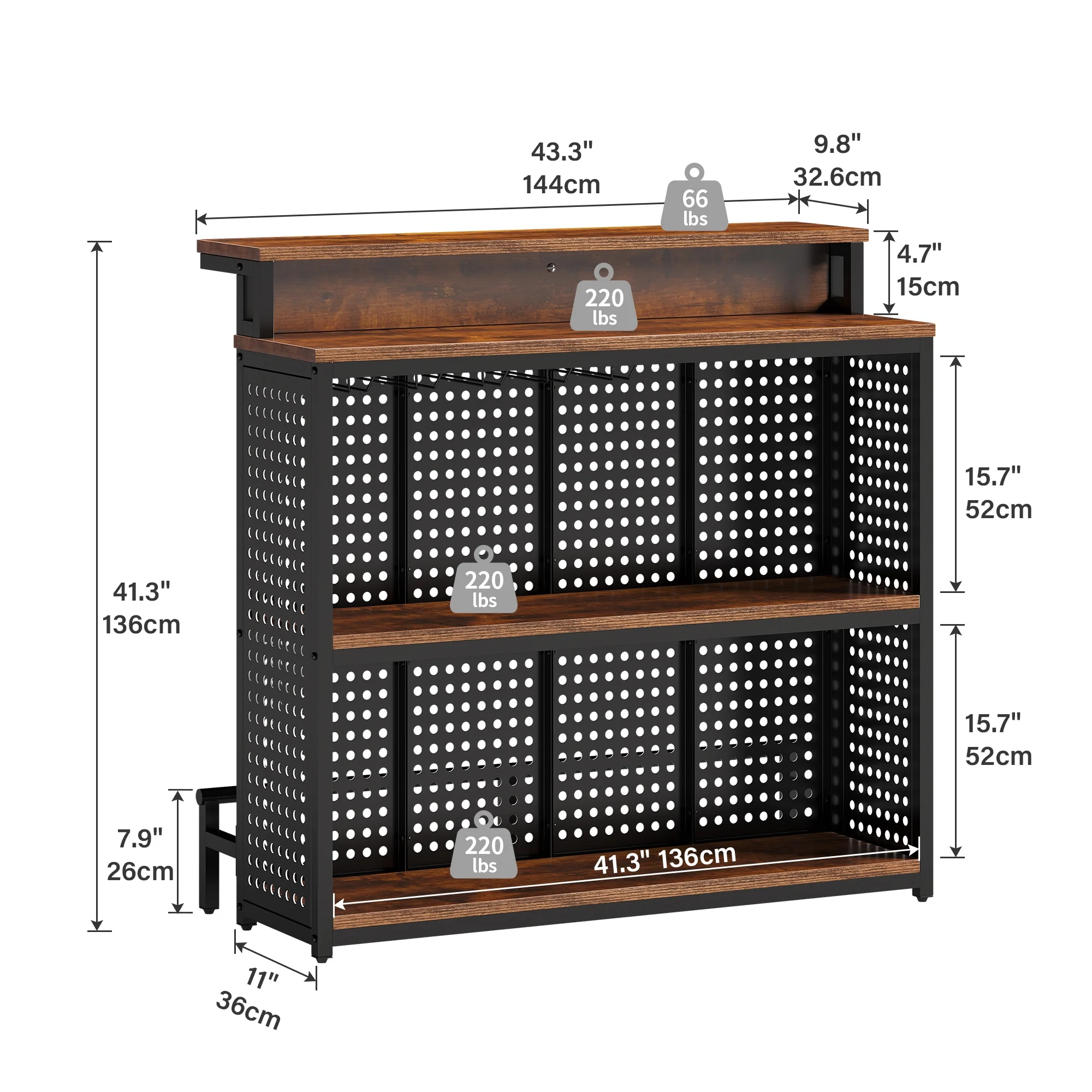 Dextrus 4 Tier Home Bar Unit, 43" Liquor Bar Table with Adjustable RGB LED Color Lights, Mini Bar Cabinet with Stemware Rack and Footrest for Home Pub, Party, Rustic Brown