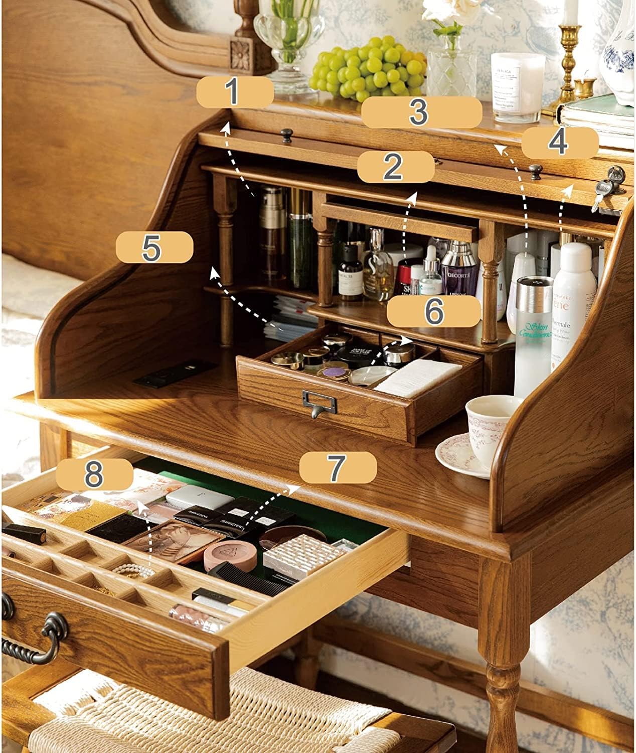 Vanity Table Oak Wood Vanity Desk, Dressing Table with Pull-Out Hidden Mirror, Safety Lock Design Makeup Vanity with Charging Port Makeup Table