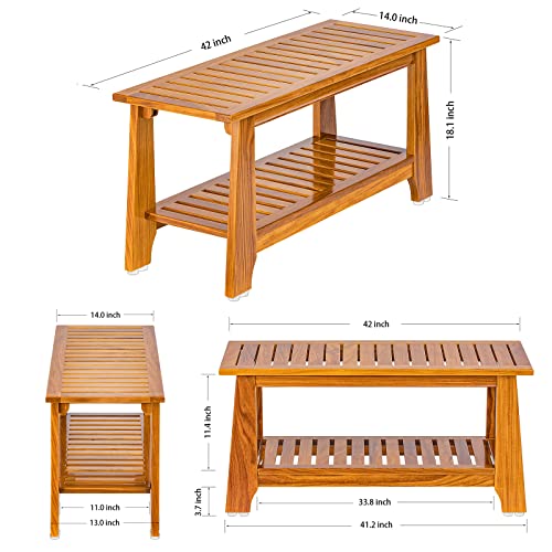 NNN 42" Teak Shower Bench with Shelf/shower benches for inside shower/teak bench/bathroom bench/teak wood benches for showers/for spa, showers, pools and other wet environments,Patented designs.