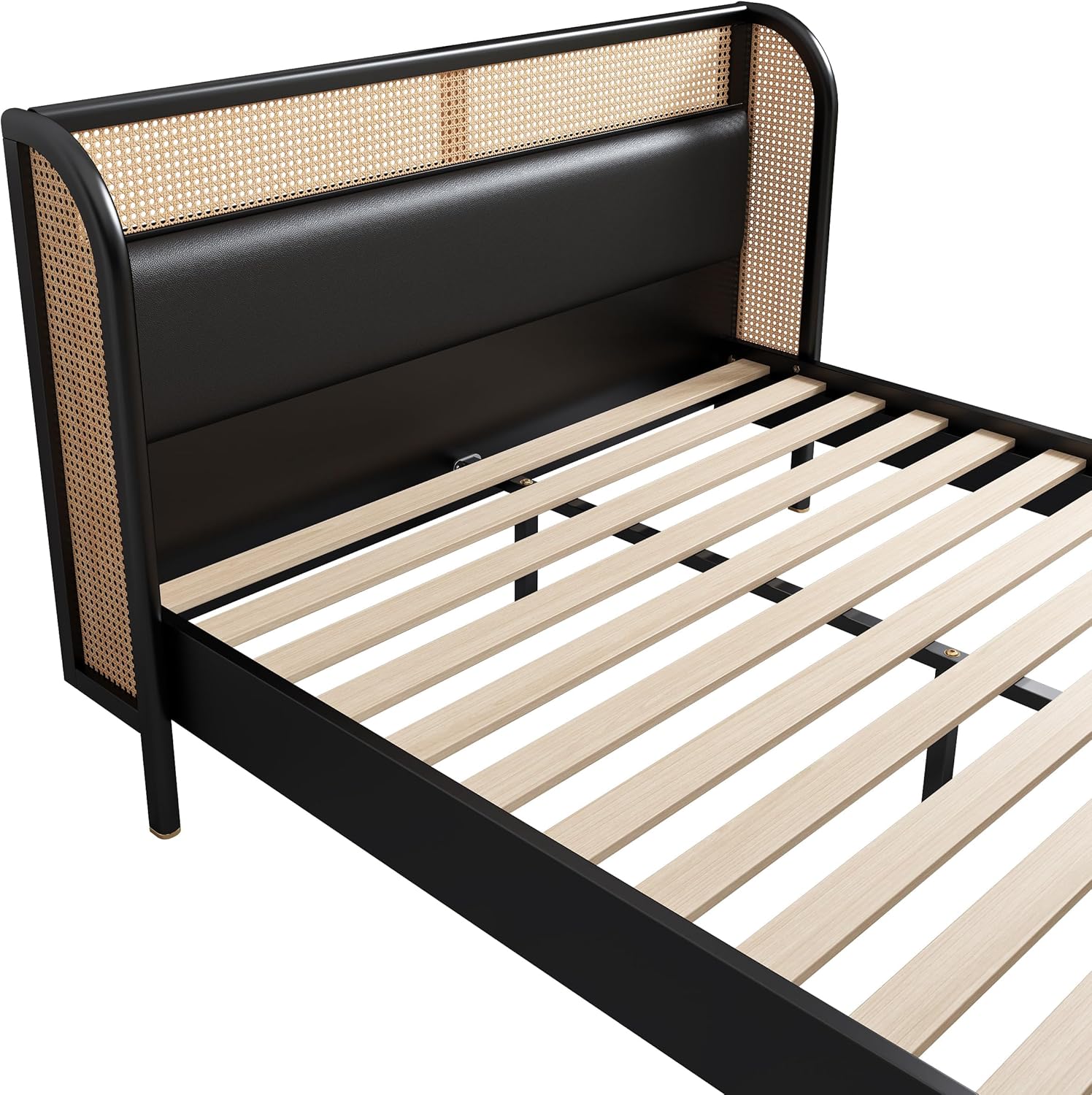 Rattan Platform Bed Queen Size with Wingback Headboard, Mattress Foundation w/Strong Wooden Slats, Modern Queen Bed Frame No Box Spring Needed, No Noise