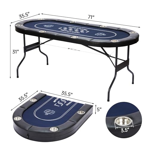 Foldable Poker Table-8 Player Texas Hold'em Table, No Assembly Needed, Equipped with Cup Holders, Perfect for Homes, Parties, Game Rooms, Stylish Blue Design