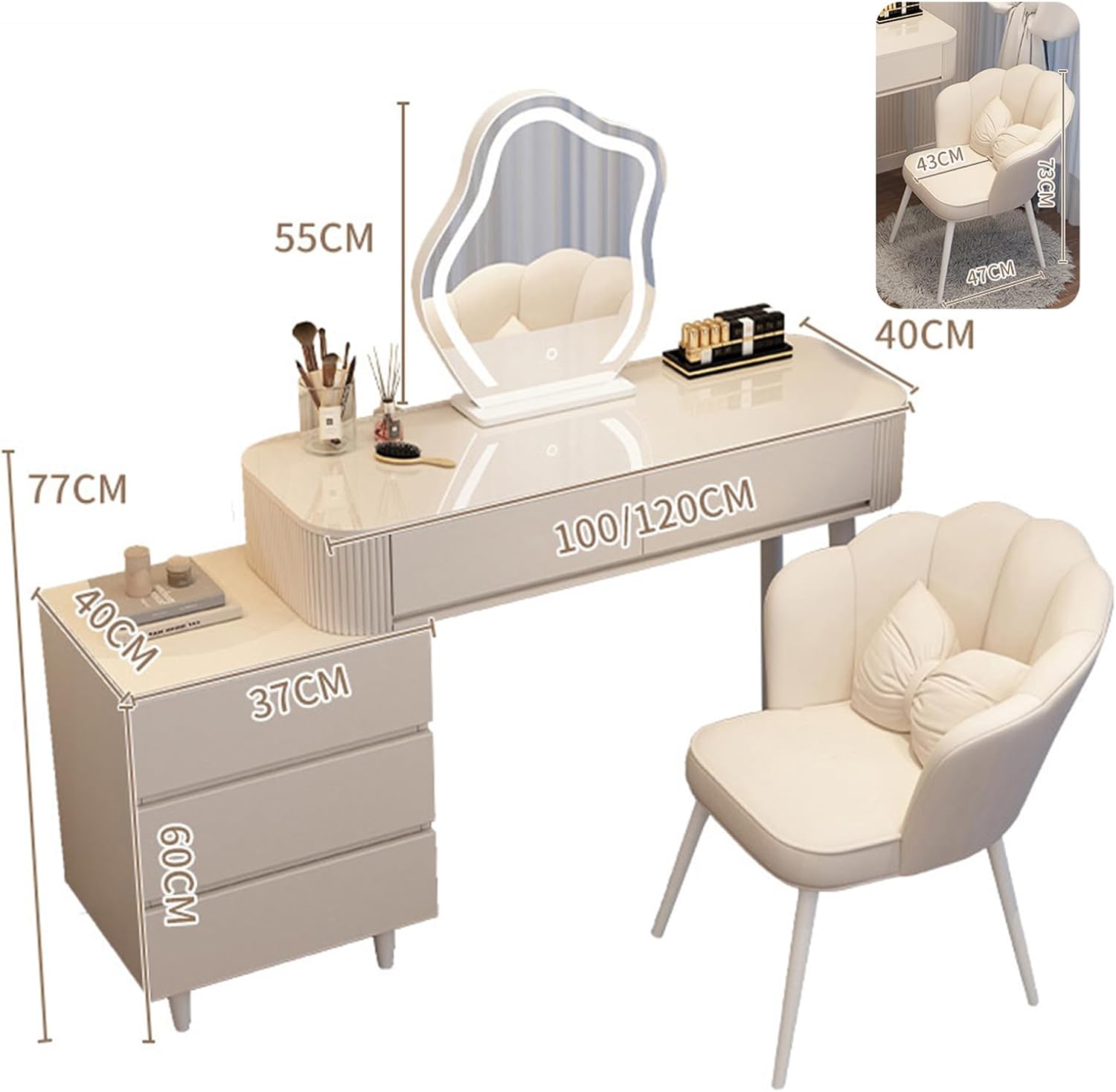 Scalable Modern Style Makeup Vanity Table with Lighted Mirror, 3 Lighting Modes Adjustable, Fashion Bedroom Large Capacity Dressing Table as for Parents Wife or Girlfriends