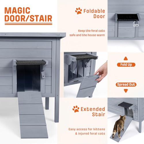 BRIOPAWS Outdoor-Cat-House-Insulated | Feral-Cat-Shelter for Winter | Weatherproof | Large Wooden Pet House for Multiple Cats | Foldable Ladder | Acrylic Side Window | Grey
