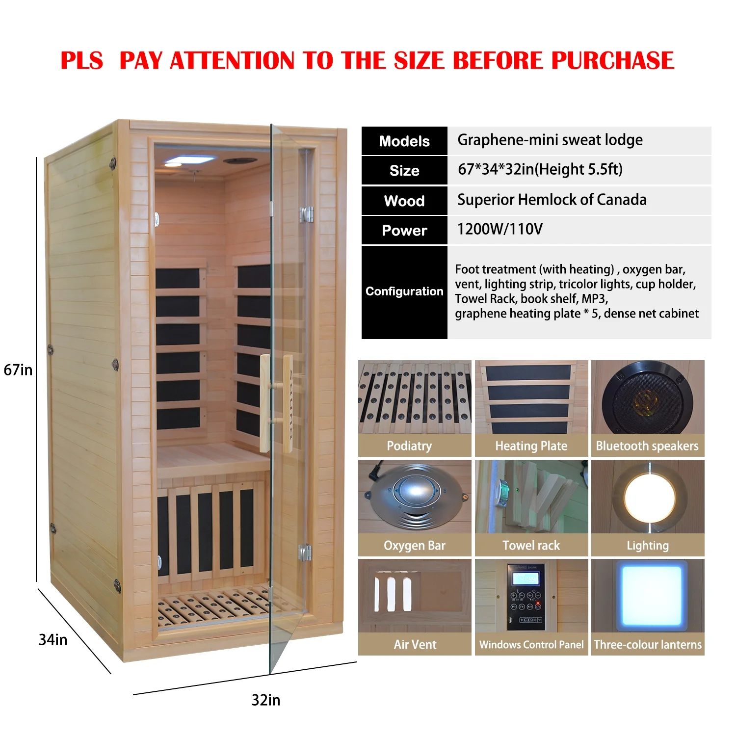 Infrared Home Sauna Room 1-2 Person Hemlock Wooden Indoor Sauna Spa，1200W/110V Low EMF Heaters,10 Minutes Pre-Warm up,Time and Temp Pre-Set, New Year Gifts