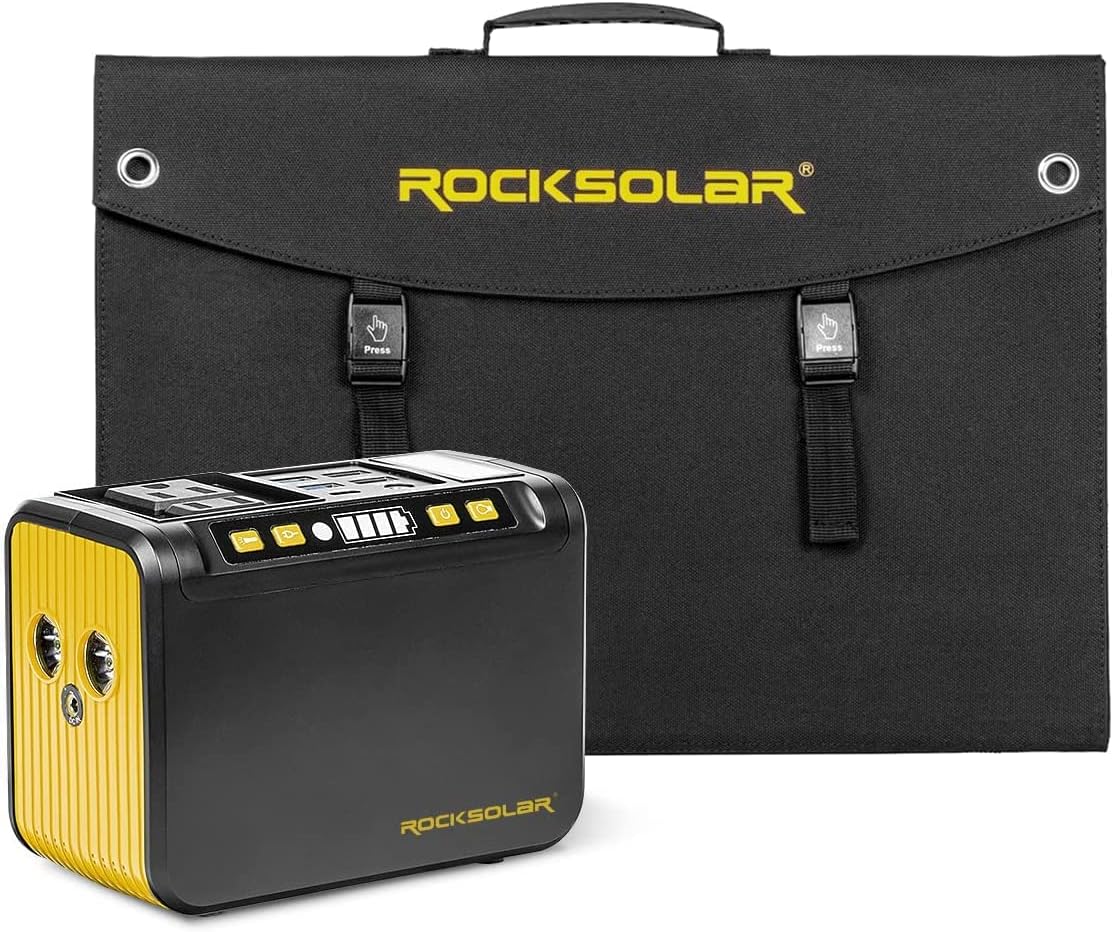 ROCKSOLAR 80W Power Bank Charger and 30W Solar Panel - Portable Small Energy Storage Power Generator Kit and 12V Foldable Solar Panel with AC/12V DC/USB Outlet for Backup Power, Camping, Emergency
