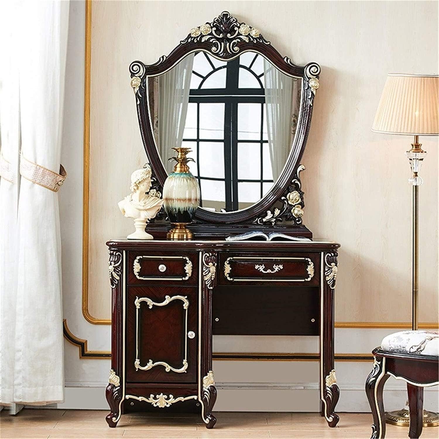 Luxury Dressing Vanity Table w/Stool for Bedroom, 2 in 1 Makeup Vanity Desk European Style Dressing Table Small Apartment Mini Bedroom Dressing Cabinet for Girls
