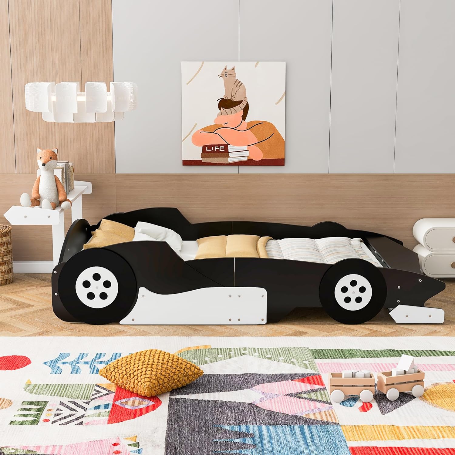 Full Size Race Car Bed With Wheels, Wood Full Size Bed For Kids, Car-Shaped Platform Full Bed With Storage Shelves For Kids,Tees, Boys Girls (Black)