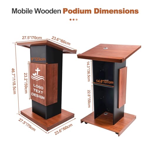 47’’ Wooden Podium Stand with Wheels, Portable Lectern Churches with 15 MM Particle Board, Pulpits Stand with Storage, Lockable Wheels, Mic Stand for Churches, Office, School