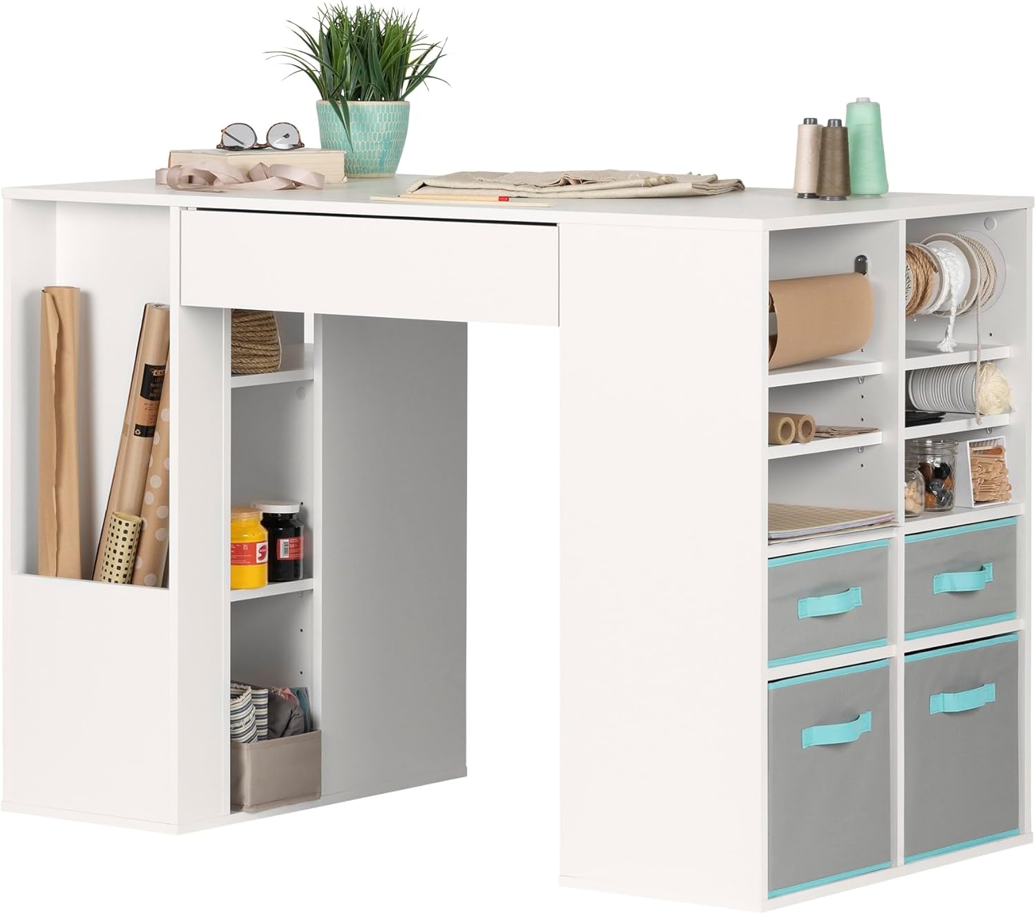 South Shore Crea Counter-Height Craft Table with Scratchproof Surface and Interchangeable Modules - 4 baskets included, Pure White