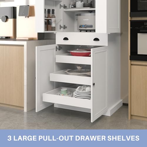 HollyHOME 72" Kitchen Pantry Cabinet, Storage Cabinet with 4 Doors and 1 Drawer, Freestanding Cupboard with Adjustable Shelves and 6 Door Shelves for Kitchen, Dining Room, Living Room, White