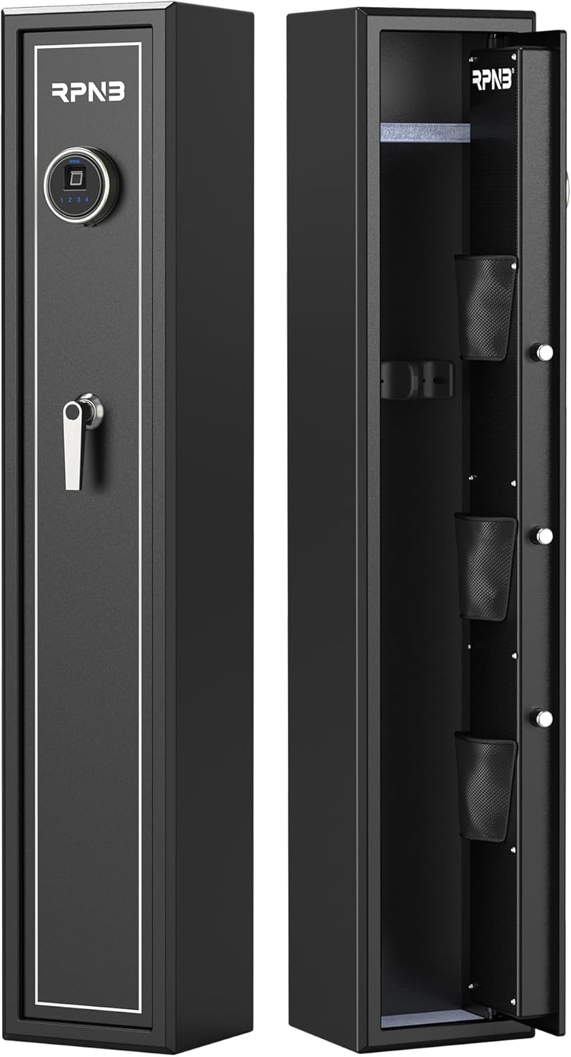 RPNB Large Biometric Rifle Safe, 3-Gun Electronic Gun Security Cabinet, Quick-Access Fingerprint Long Metal Rifle Gun Security Cabinet with Removable Shelf, Door Organizer