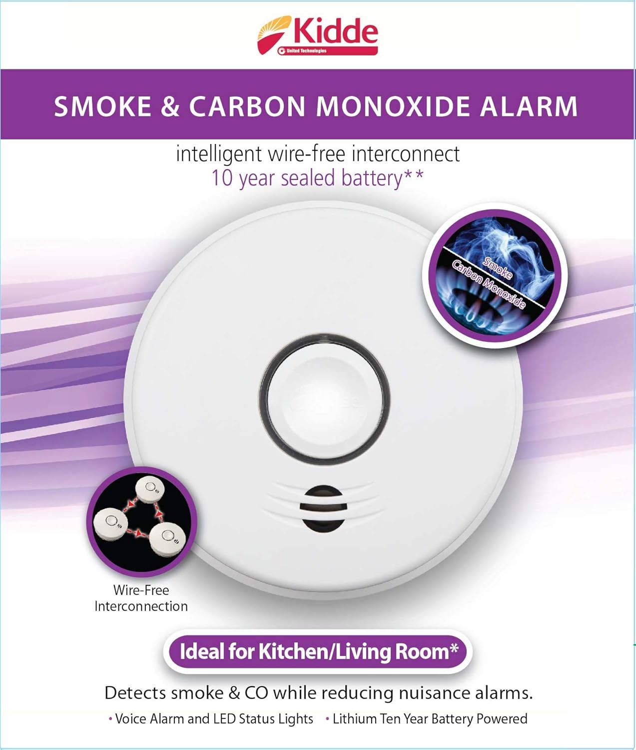Kidde Smoke & Carbon Monoxide Detector, Lithium Battery Powered, Interconnect Combination Smoke & CO Alarm, Voice Alert