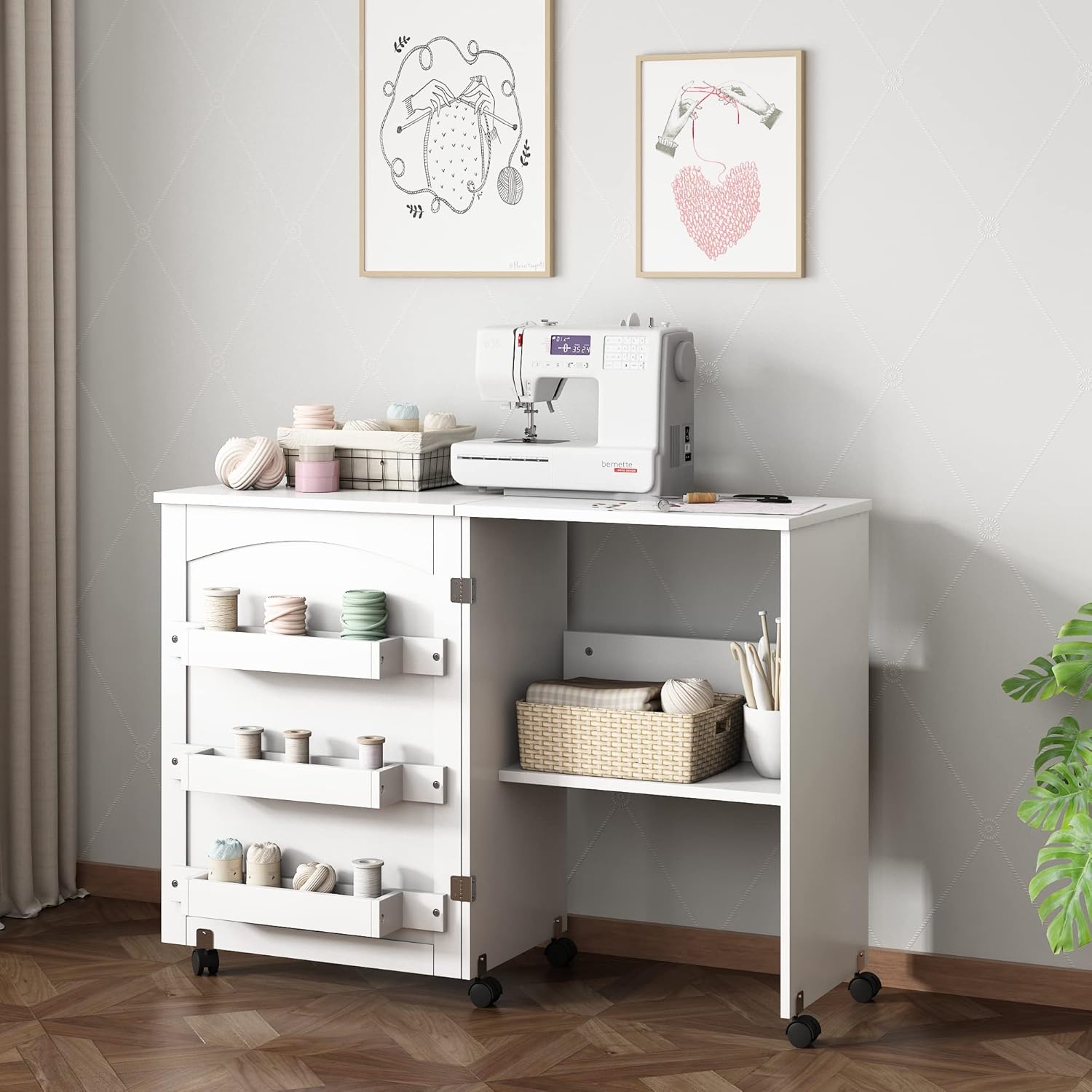 Sewing Table, Foldable Craft Table with Storage, Sewing Machine Table Desk with Cabinet, White