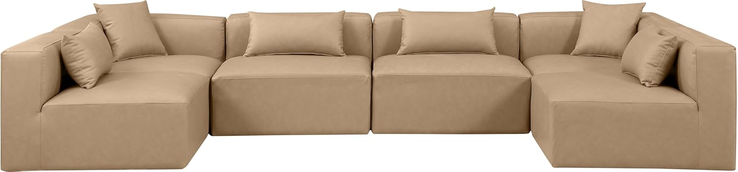 Meridian Furniture Cube Collection Modern | Contemporary Sectional with Soft Vegan Leather, Modular to Create Infinite Configurations, 144" W x 72" D x 26" H, Tan