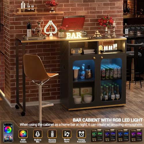 Cyclysio 59" Dining Table with LED Light, 360° Rotating Kitchen Table with Charging Station, Bar Table with Double-sided Storage, Foldable Island Table for Small Space, White Oak
