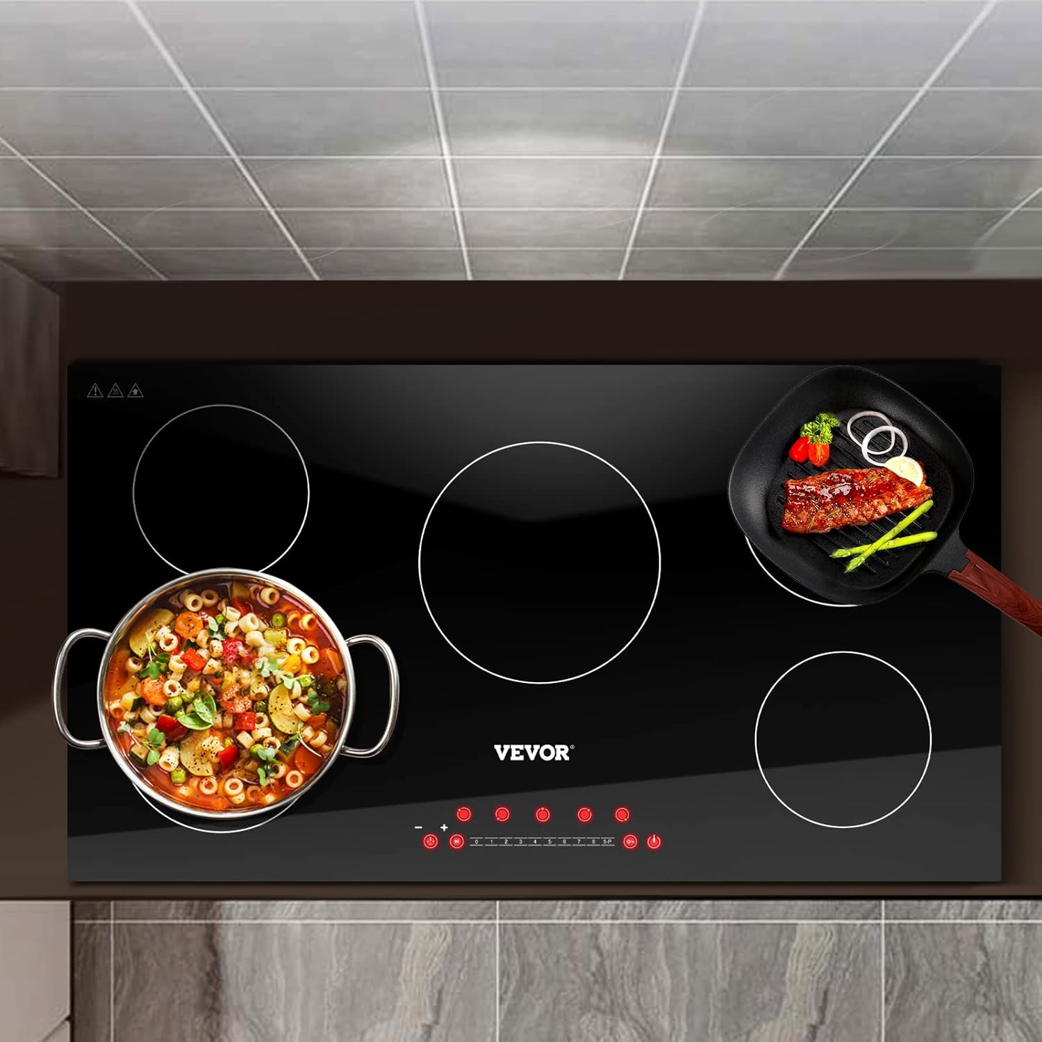 VEVOR Built-in Induction Electric Stove Top 5 Burners,35 Inch Electric Cooktop,9 Power Levels & Sensor Touch Control,Easy to Clean Ceramic Glass Surface,Child Safety Lock,240V