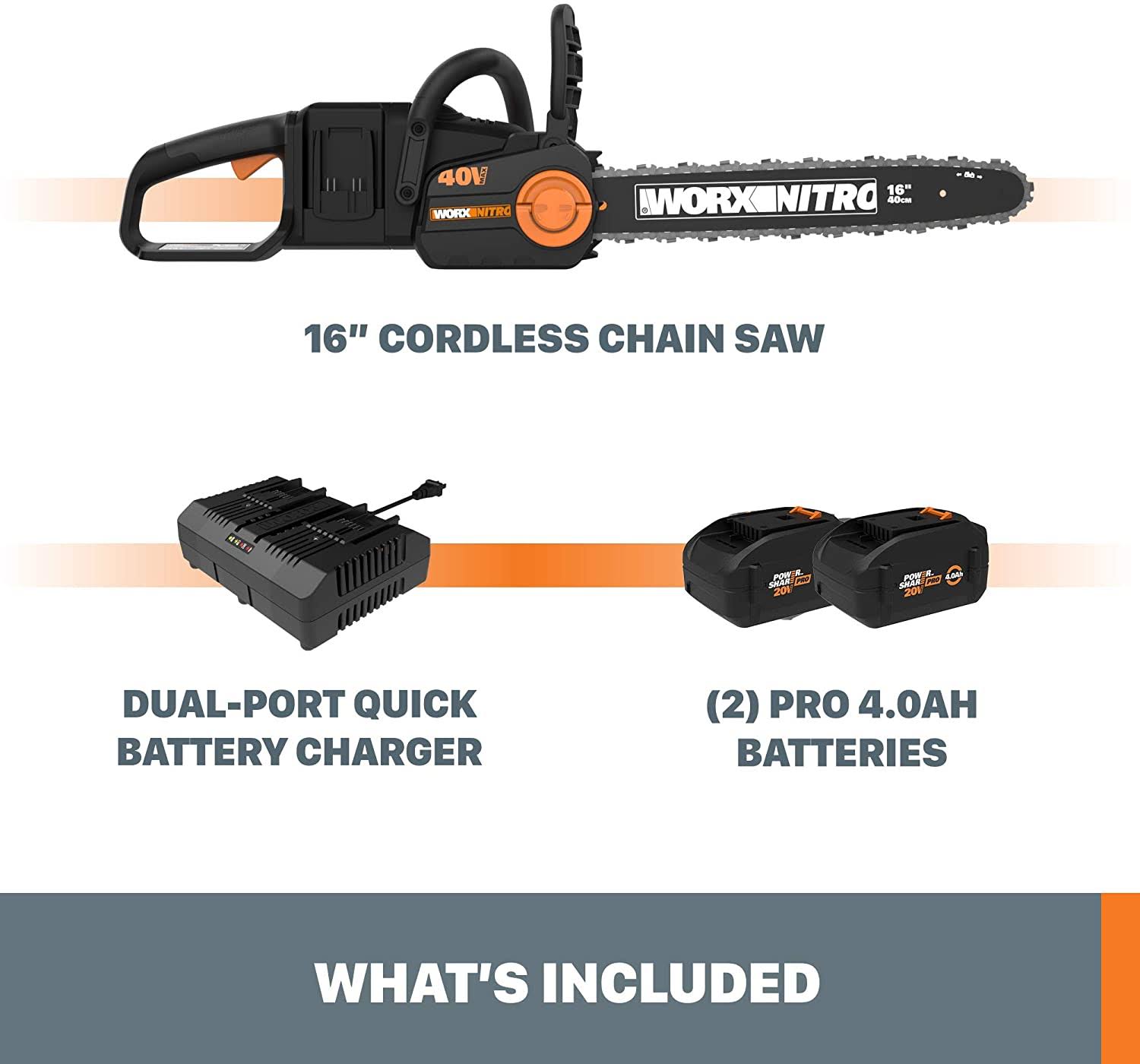 Worx Nitro 40V Power Share Cordless 16x22 Chainsaw with Brushless Motor WG385