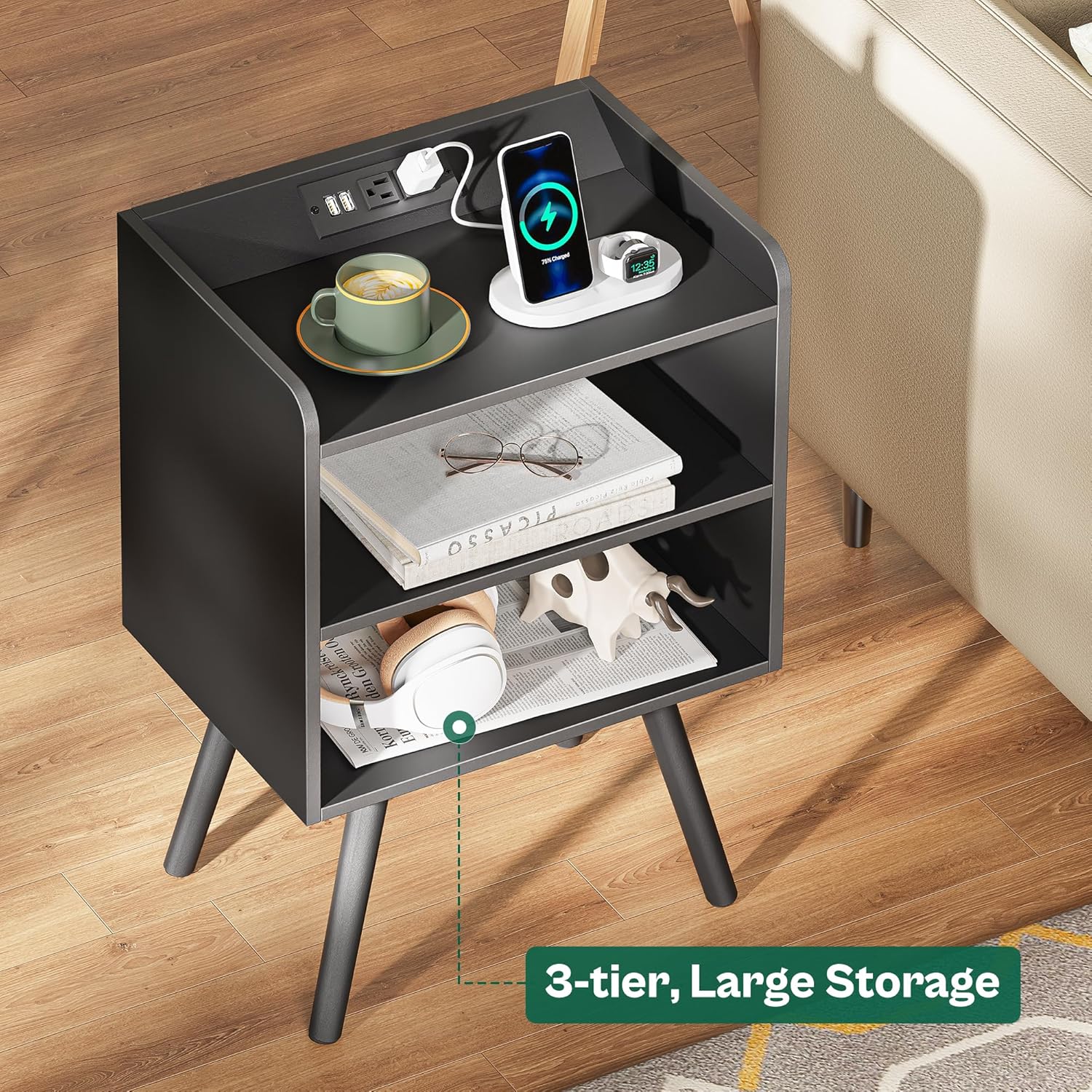 SUPERJARE TV Stand for 55 Inch TV, Entertainment Center with Adjustable Shelf, Huuger Night Stand with Charger Station, for Living Room, Bedroom, Black
