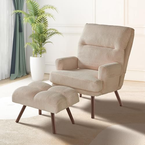 Reading Chair with Ottoman Indoor - Comfy Accent Chair with Ottoman Lounge Chair Armchair,Living Room Chair and Ottoman Set,Bedroom Lazy Chair Adjustable Thick Padded Backrest (Green)